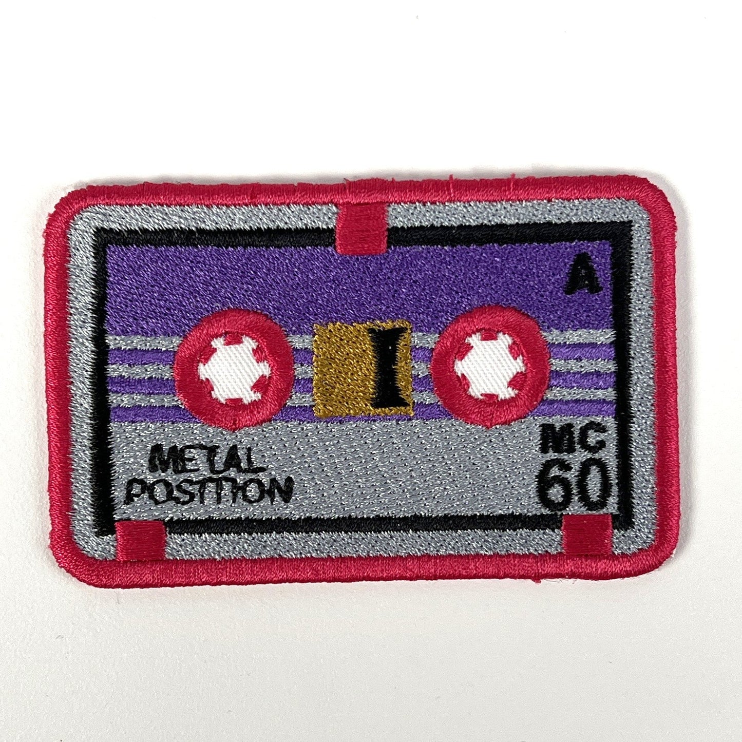 Pink/Silver/Purple "Ratbat" Microcassette Embroidered Patch 80's Mini Audio Tape Iron-On