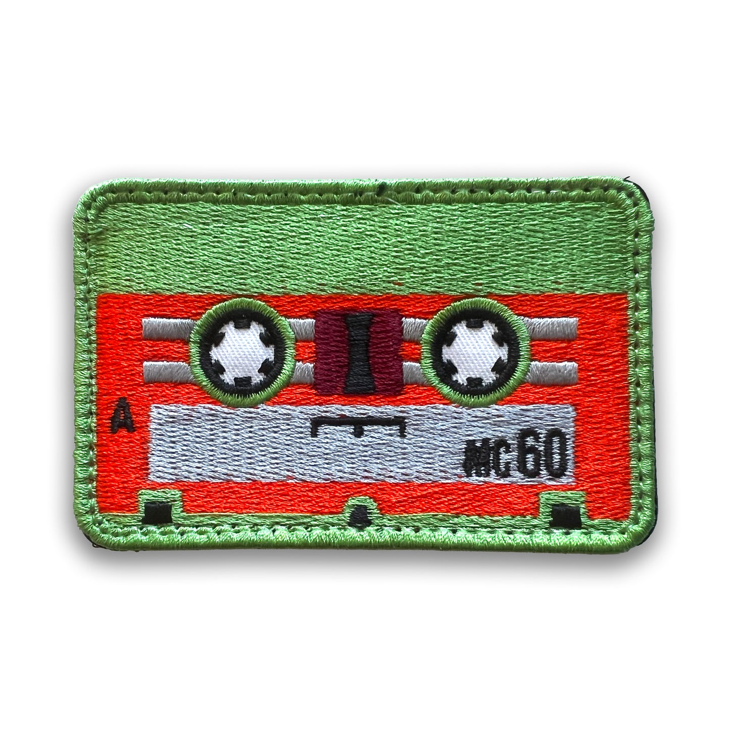 Micro Cassette Embroidered Patch: Green and Orange, Iron-on; Mini Audio Tape Slugfest