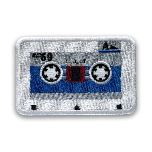 Micro Cassette Embroidered Patch: White and Blue, Iron-on; Mini Audio Tape Overkill