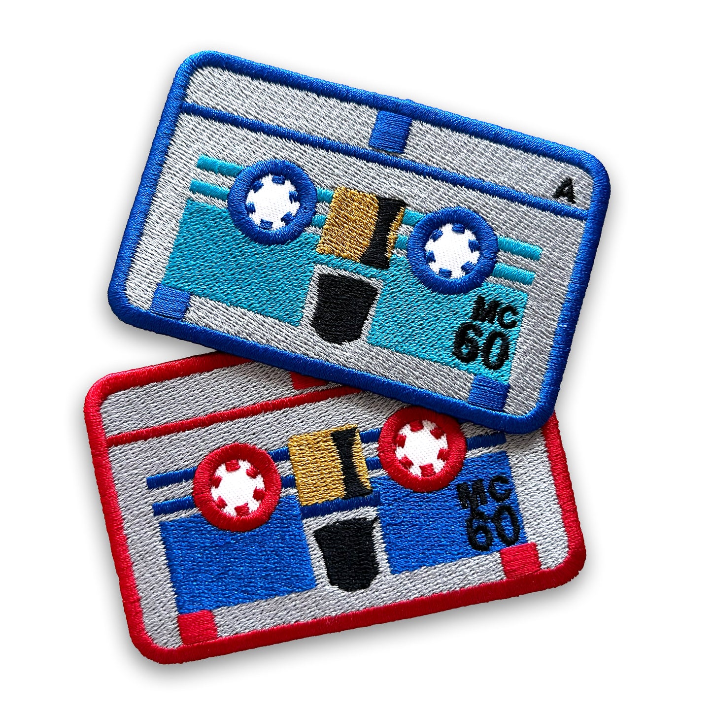 Micro Cassette Embroidered Patch: Red or Blue, Iron-on Attachment Mini Audio Tape Rumble Frenzy