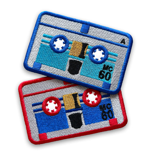 Micro Cassette Embroidered Patch: Red or Blue, Iron-on Attachment Mini Audio Tape Rumble Frenzy
