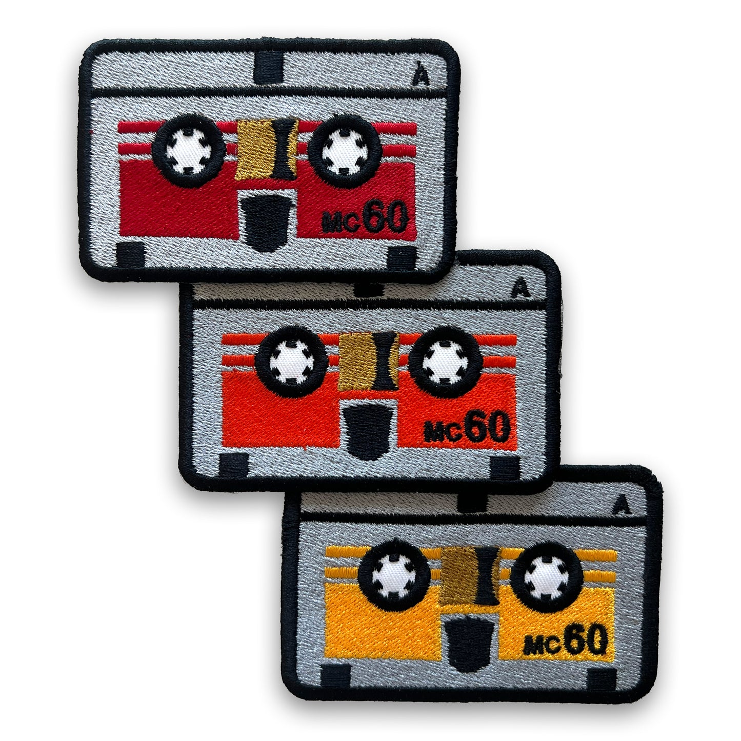 Micro Cassette Embroidered Patch: Red, Orange, or Yellow, Iron-on; Mini Audio Tape Laserbeak Buzzsaw