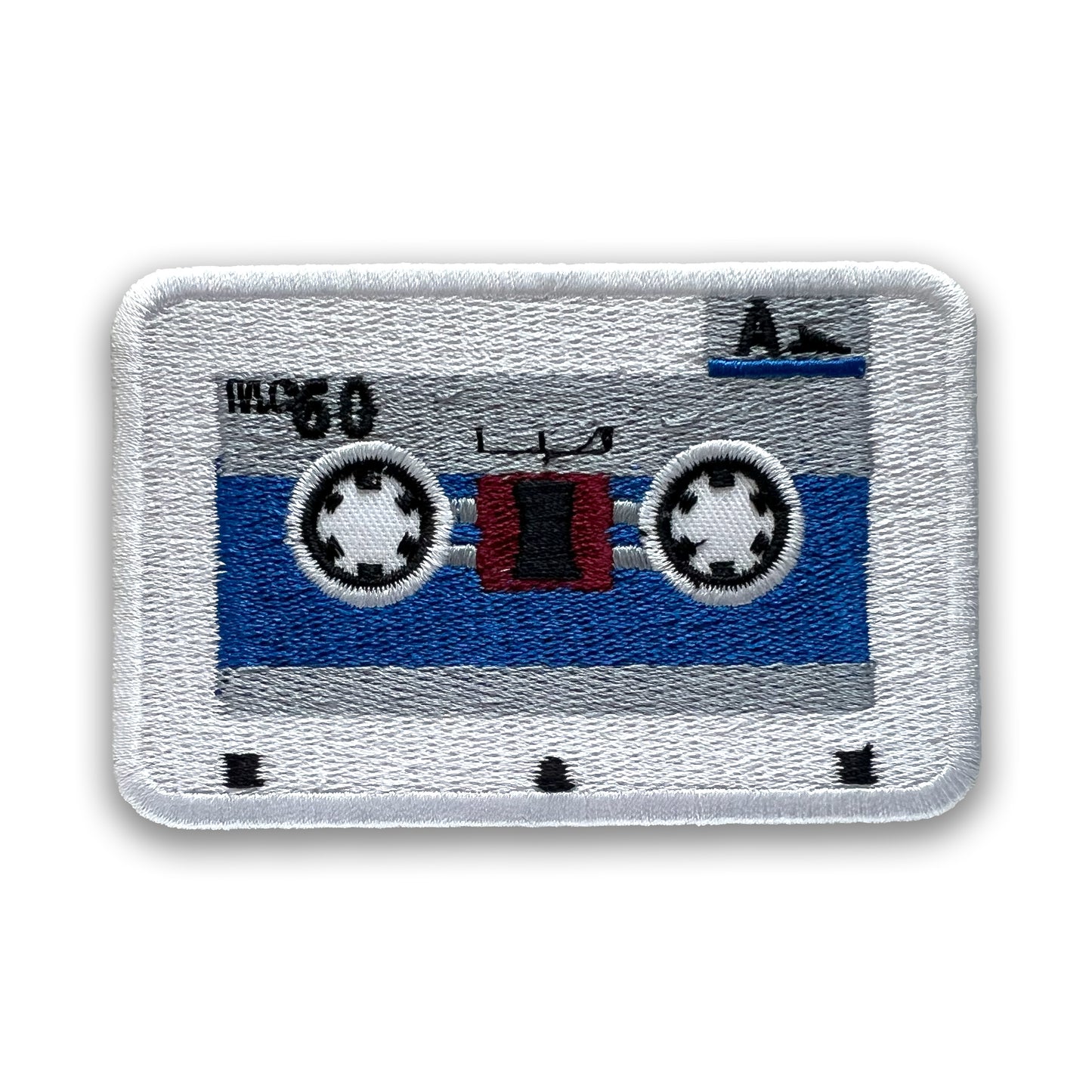 Micro Cassette Embroidered Patch: White and Blue, Iron-on; Mini Audio Tape Overkill