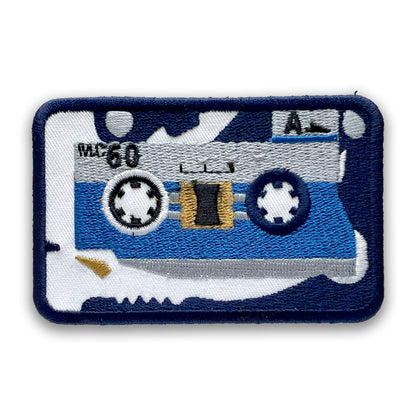 Micro Cassette Embroidered Patch: White and Blue, Iron-on; Mini Audio Tape Overkill