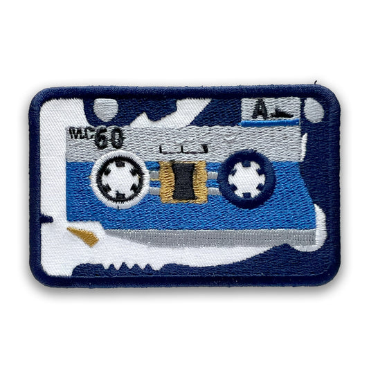 Micro Cassette Embroidered Patch: White and Blue, Iron-on; Mini Audio Tape Overkill
