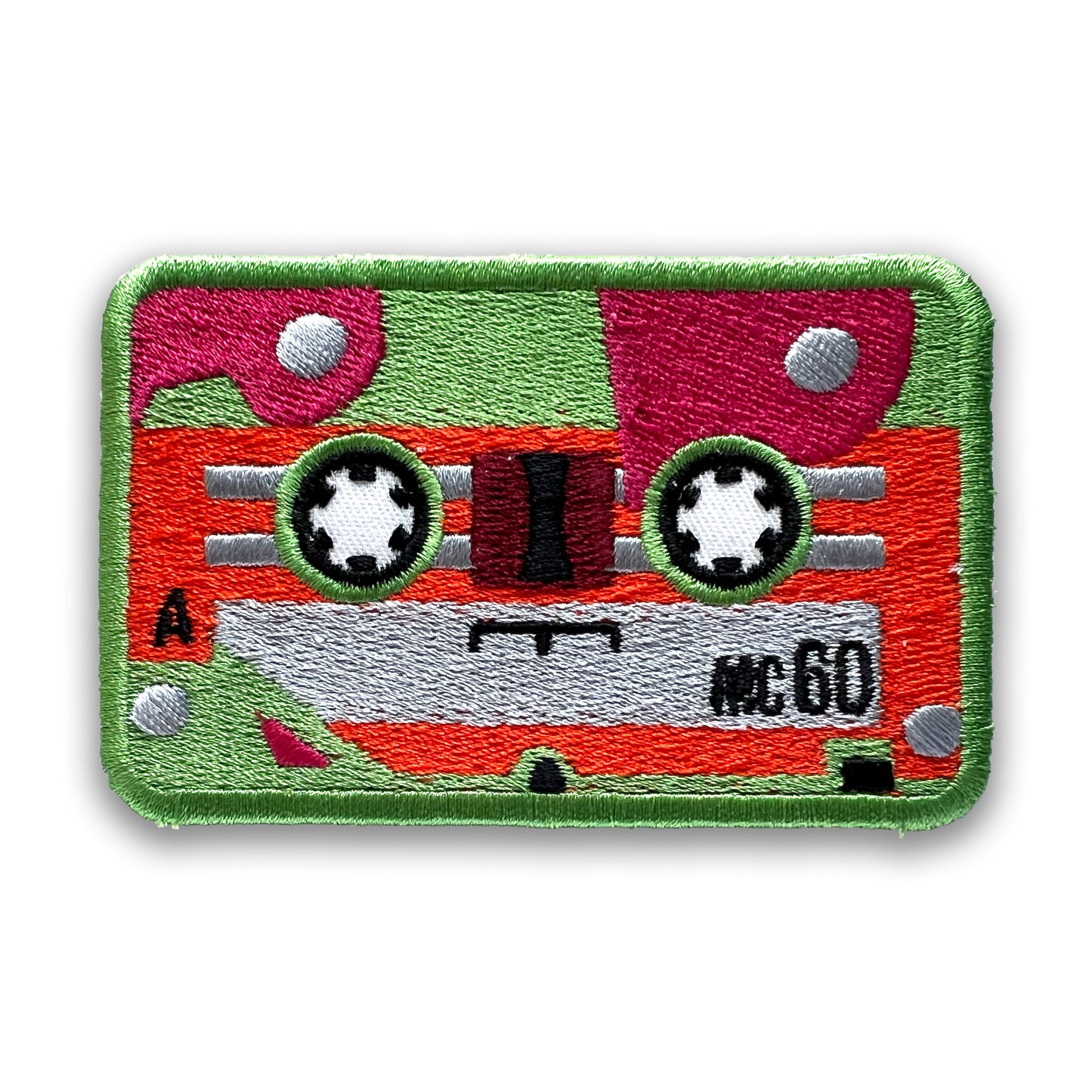 Micro Cassette Embroidered Patch: Green and Orange, Iron-on; Mini Audio Tape Slugfest