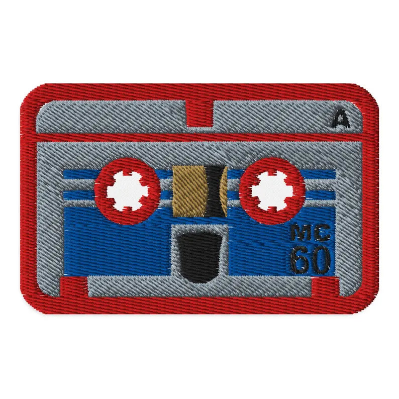 Micro Cassette Embroidered Patch: Red or Blue, Iron-on Attachment Mini Audio Tape Rumble Frenzy